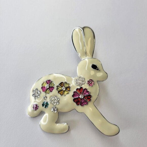 Cream Enamelled Bunny Brooch Pin - Picture 1 of 8